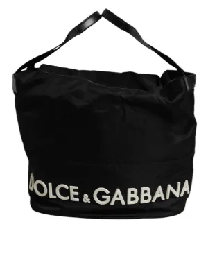 Black Nylon White Iconic Logo Shoulder Bucket Bag