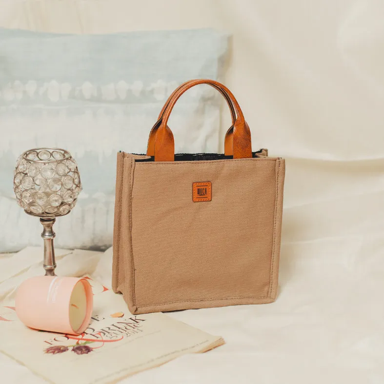 Brown - Tulip Beige Chain Stitch Hand Embroidery Canvas Mini Book Bag
