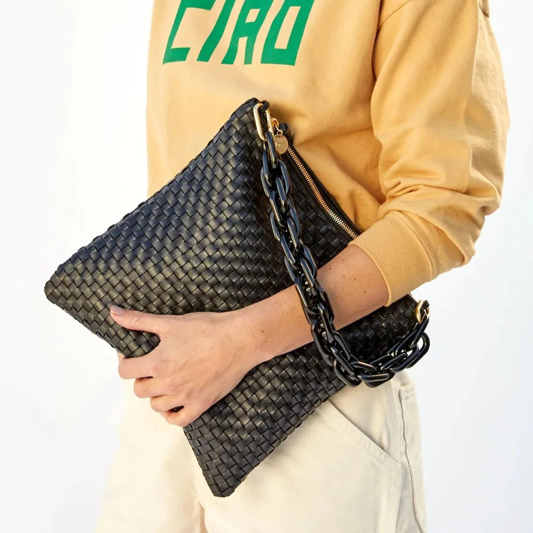 Foldover Clutch With Tabs (Black Woven Checker)