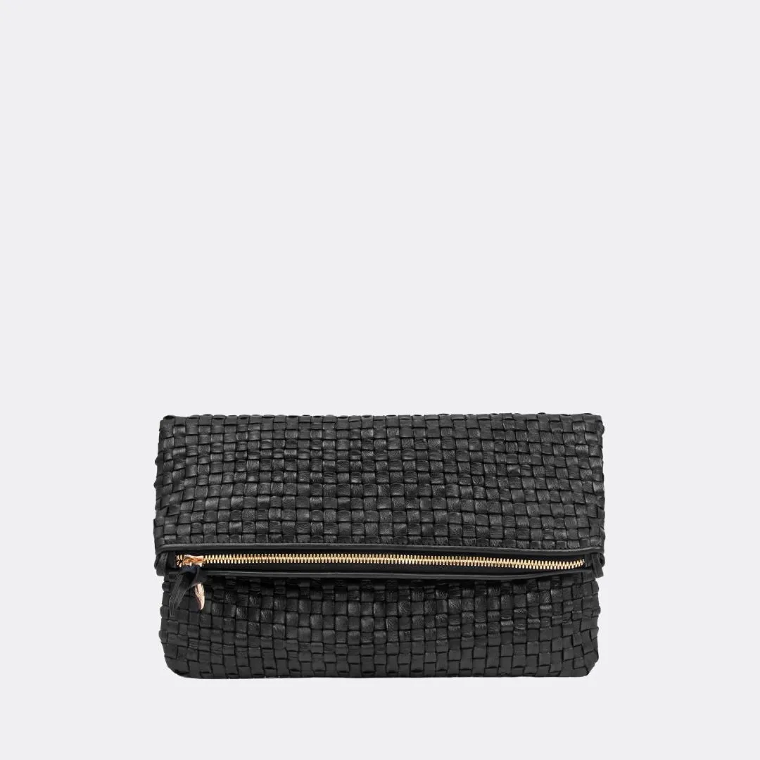 Foldover Clutch With Tabs (Black Woven Checker)