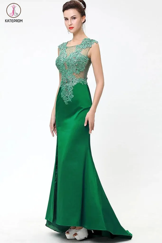 Green Lace Beaded See Through Mermaid Sexy Prom Dresses KPP0041