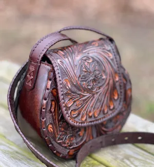 Hand-Tooled Brown Leather Crossbody AMPHORA