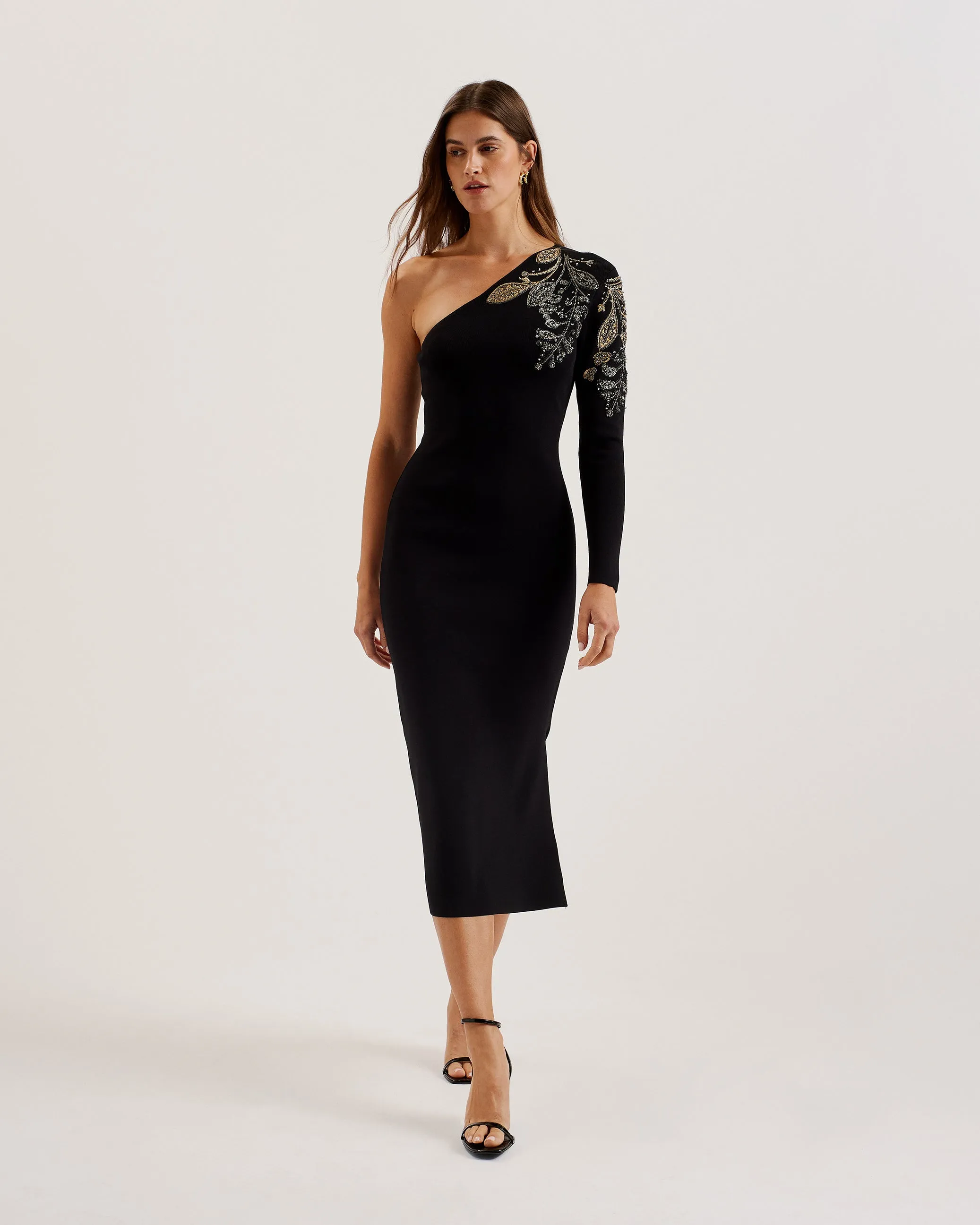 Lizyyy One Shoulder Bodycon Beaded Dress Black