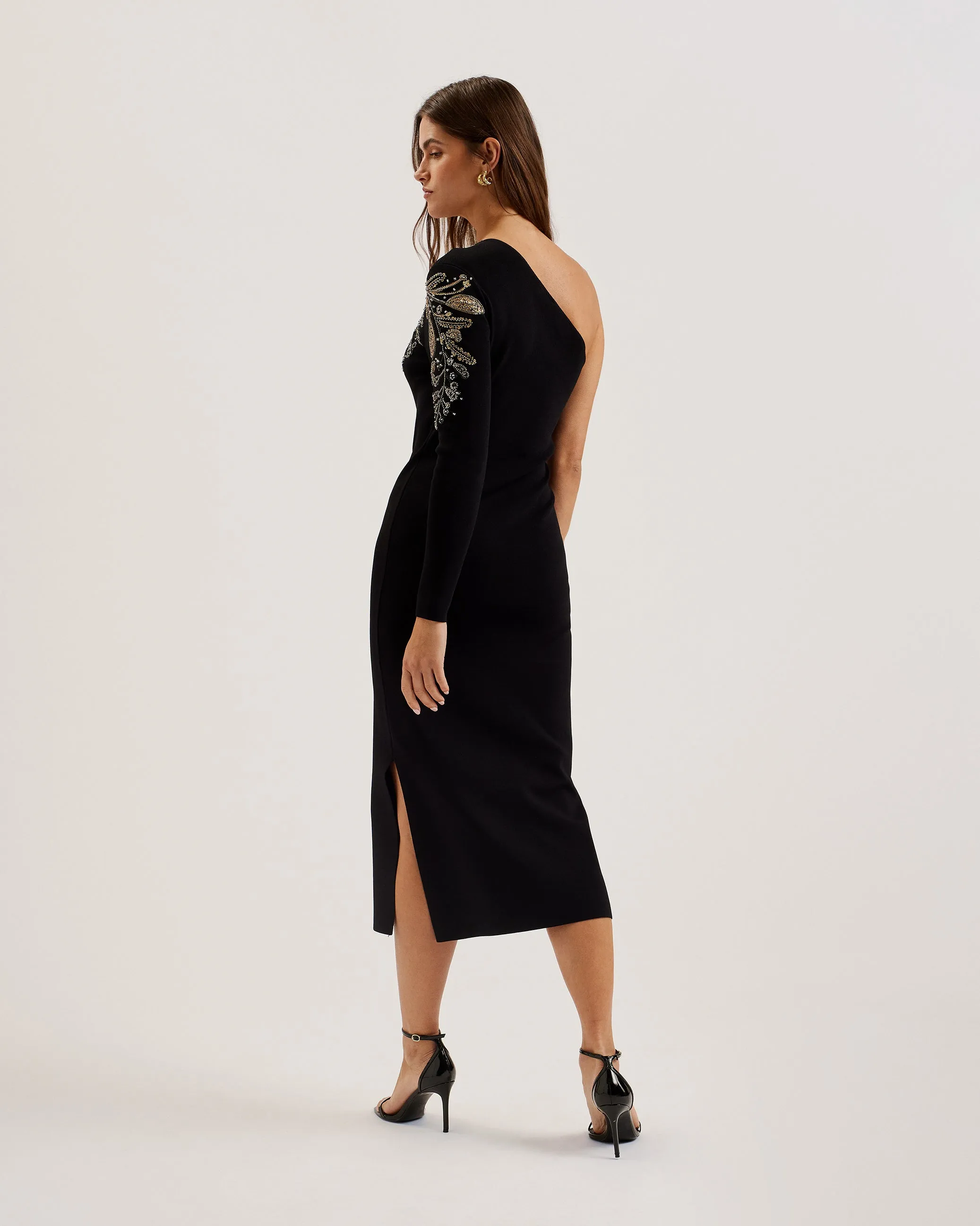 Lizyyy One Shoulder Bodycon Beaded Dress Black