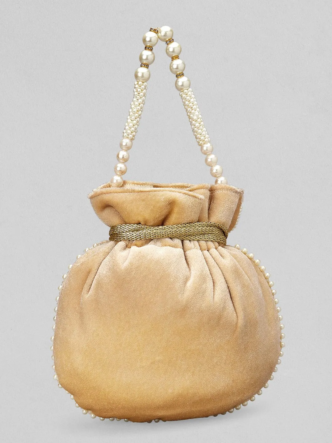 Rubans Cream Coloured Velvet Potli Bag With Pearls And Golden Beads