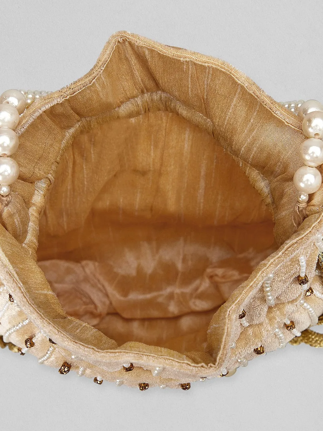 Rubans Cream Coloured Velvet Potli Bag With Pearls And Golden Beads