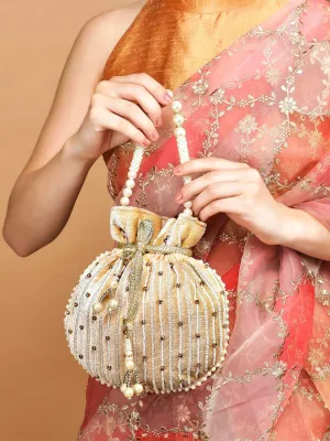 Rubans Cream Coloured Velvet Potli Bag With Pearls And Golden Beads