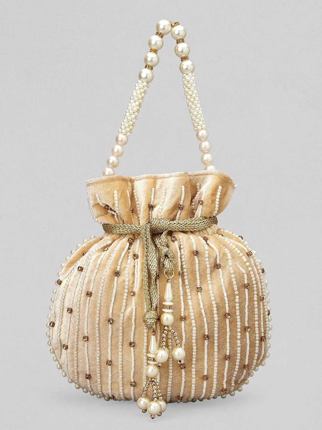 Rubans Cream Coloured Velvet Potli Bag With Pearls And Golden Beads