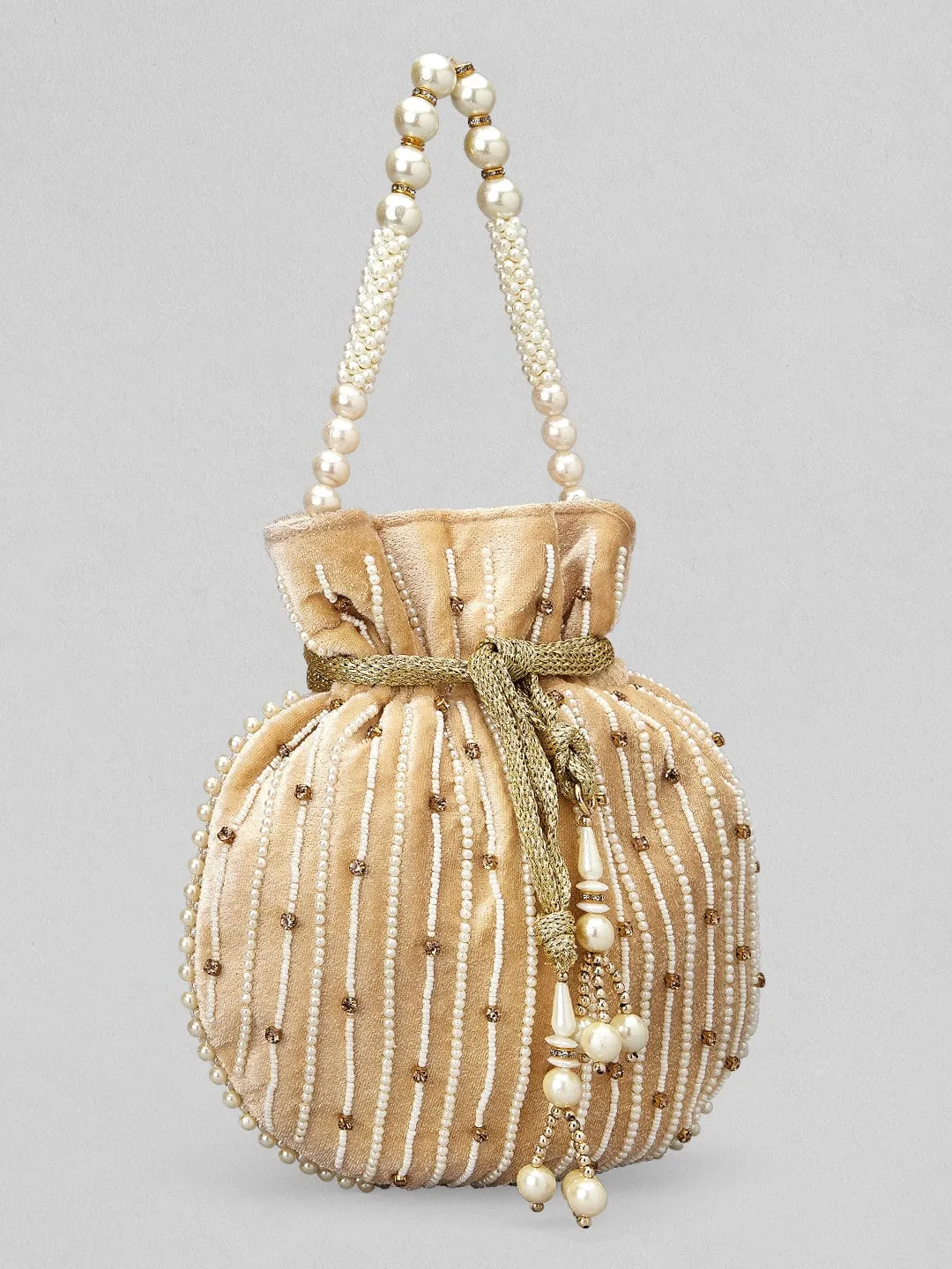 Rubans Cream Coloured Velvet Potli Bag With Pearls And Golden Beads