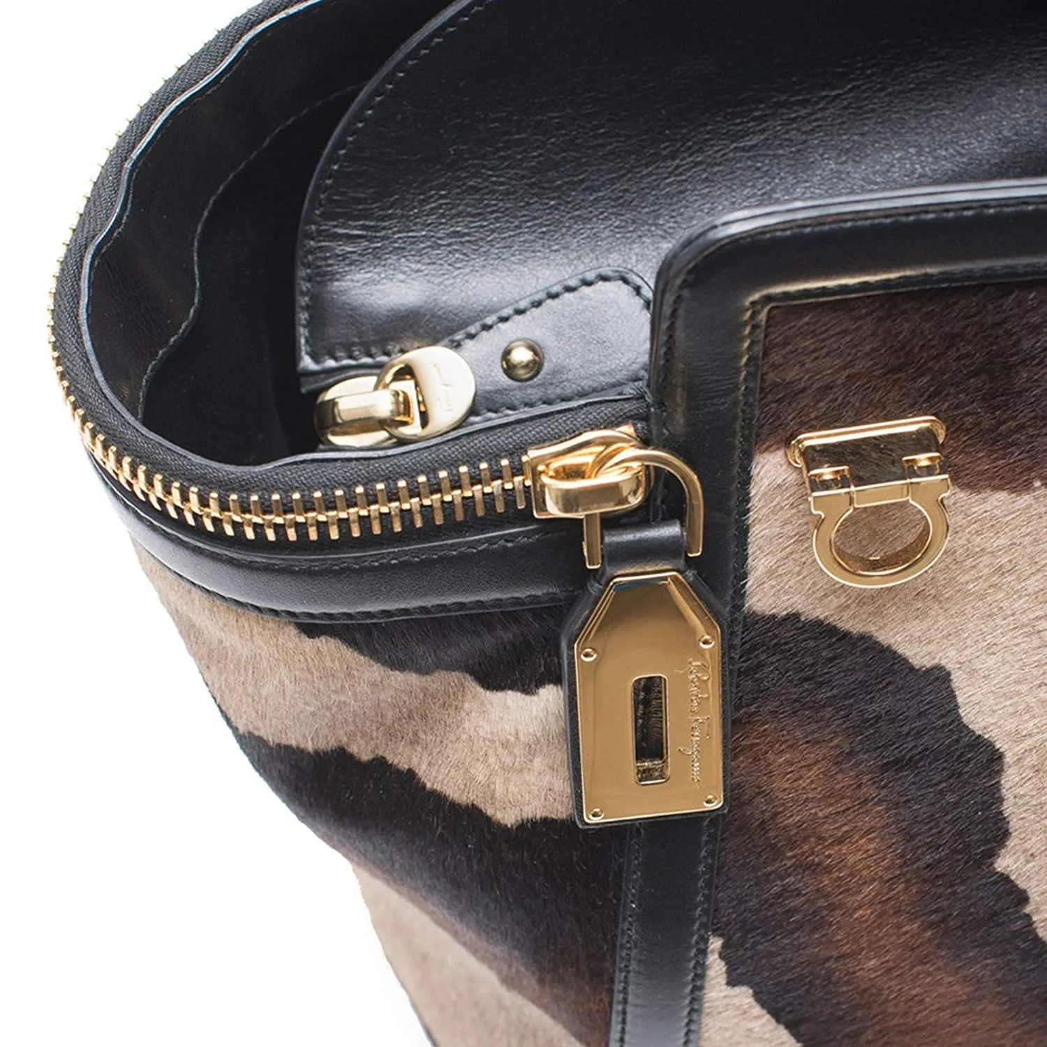 Salvatore Ferragamo Verve Tote Animal Fur Leather Gold Brown Handbag Purse New