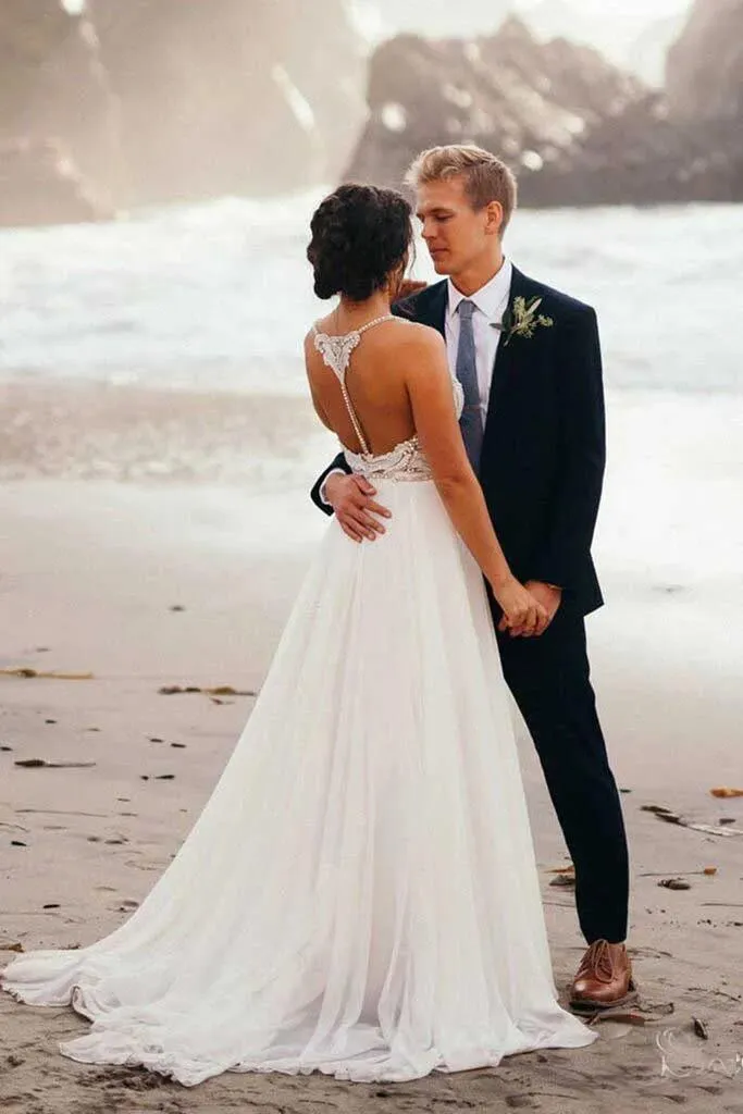 Spaghetti Strap Beaded Ivory Chiffon Country Wedding Dress, Boho Wedding Dress KPW0312