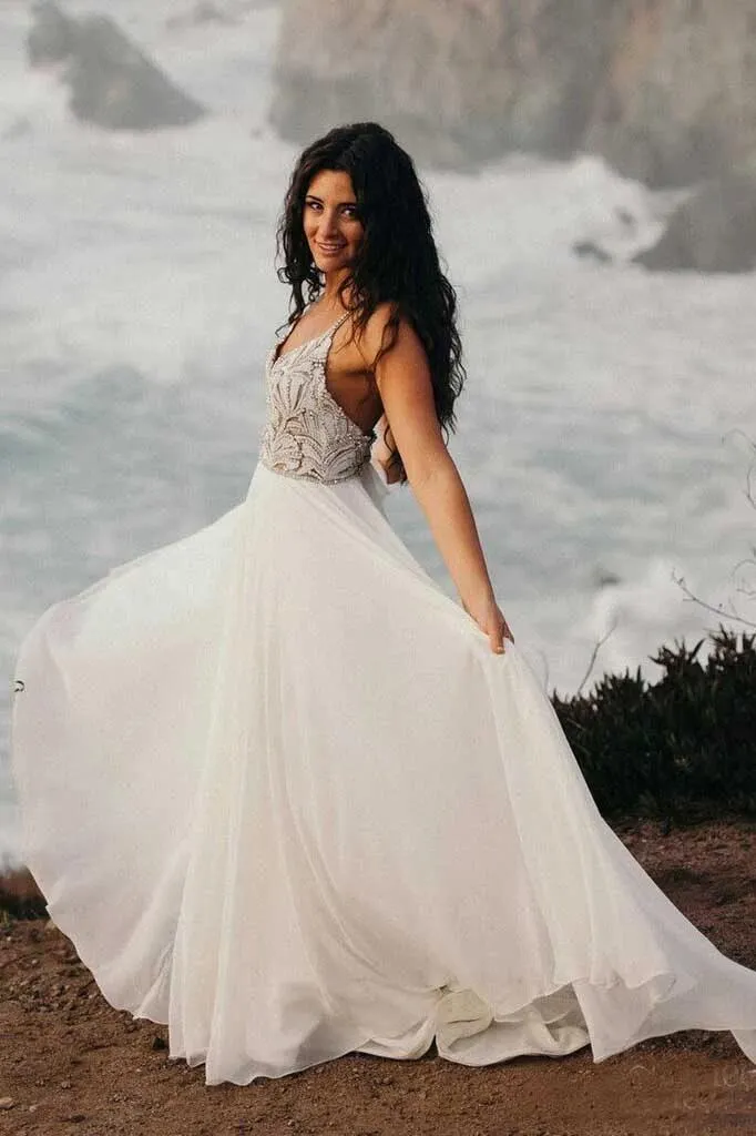Spaghetti Strap Beaded Ivory Chiffon Country Wedding Dress, Boho Wedding Dress KPW0312