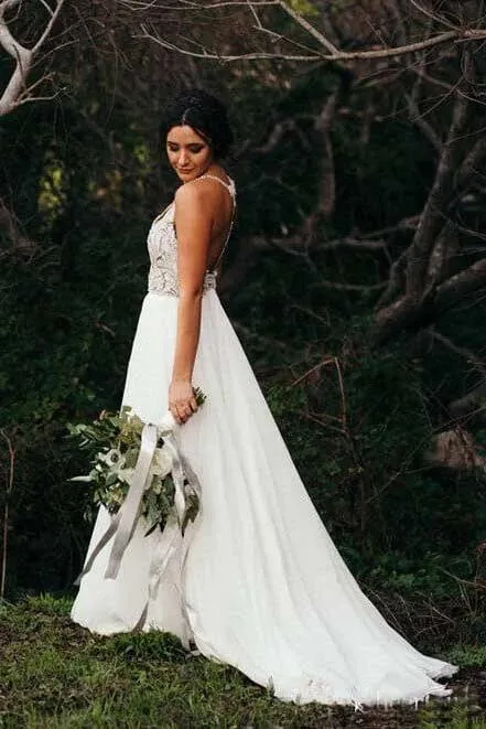 Spaghetti Strap Beaded Ivory Chiffon Country Wedding Dress, Boho Wedding Dress KPW0312
