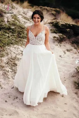 Spaghetti Strap Beaded Ivory Chiffon Country Wedding Dress, Boho Wedding Dress KPW0312