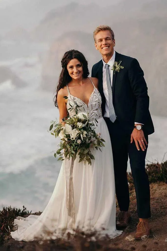 Spaghetti Strap Beaded Ivory Chiffon Country Wedding Dress, Boho Wedding Dress KPW0312