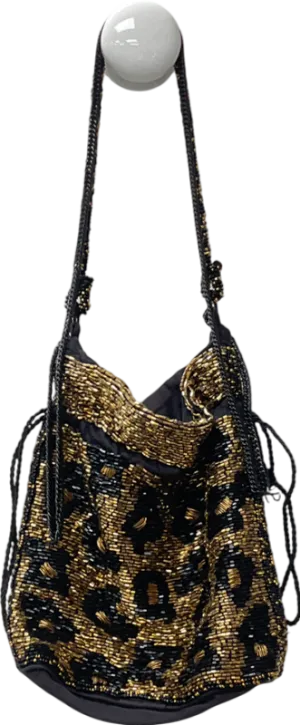 ZARA Metallic Beaded Drawstring Shoulder With Leopard Print Diamants One Size
