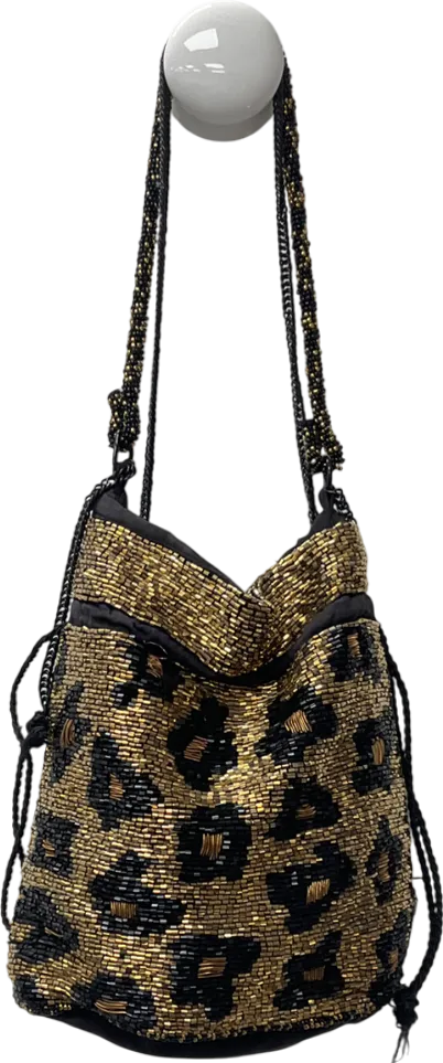ZARA Metallic Beaded Drawstring Shoulder With Leopard Print Diamants One Size