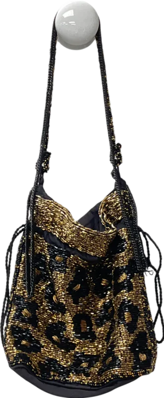 ZARA Metallic Beaded Drawstring Shoulder With Leopard Print Diamants One Size